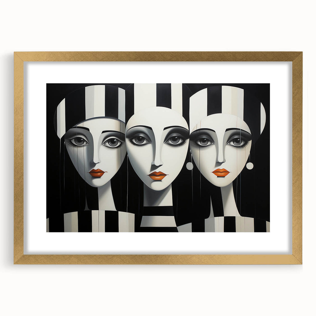 Framed abstract figurative wall art design in gold frame with mat, showcasing vibrant colors and dynamic shapes, perfect for modern decor.