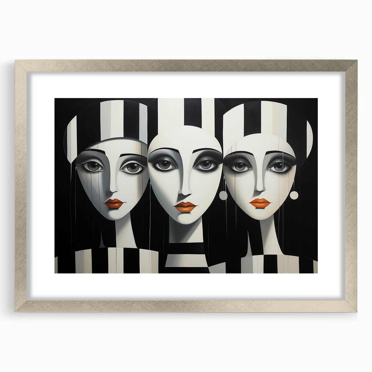 Framed abstract figurative wall art design in silver with a mat, showcasing vibrant colors and unique shapes, perfect for modern decor.