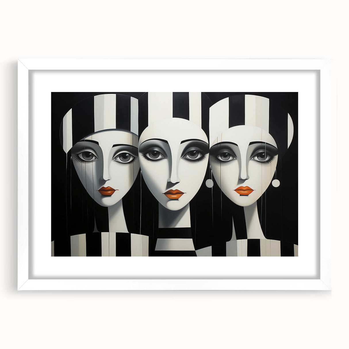 Abstract figurative wall art framed in white matting, showcasing bold colors and dynamic shapes, perfect for modern home decor.