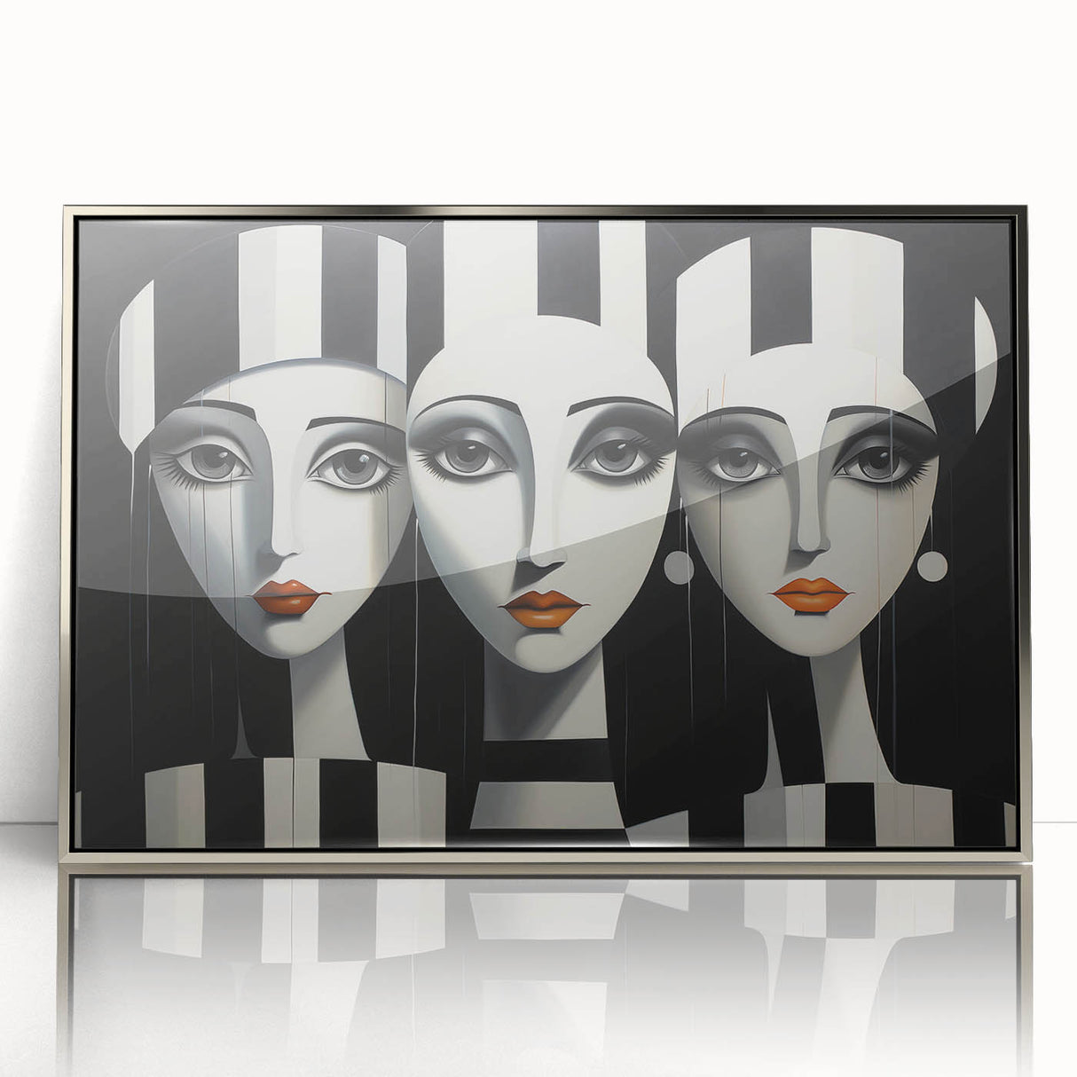 Framed abstract figurative wall art design in silver acrylic, showcasing a modern artistic composition with vibrant colors and dynamic shapes.