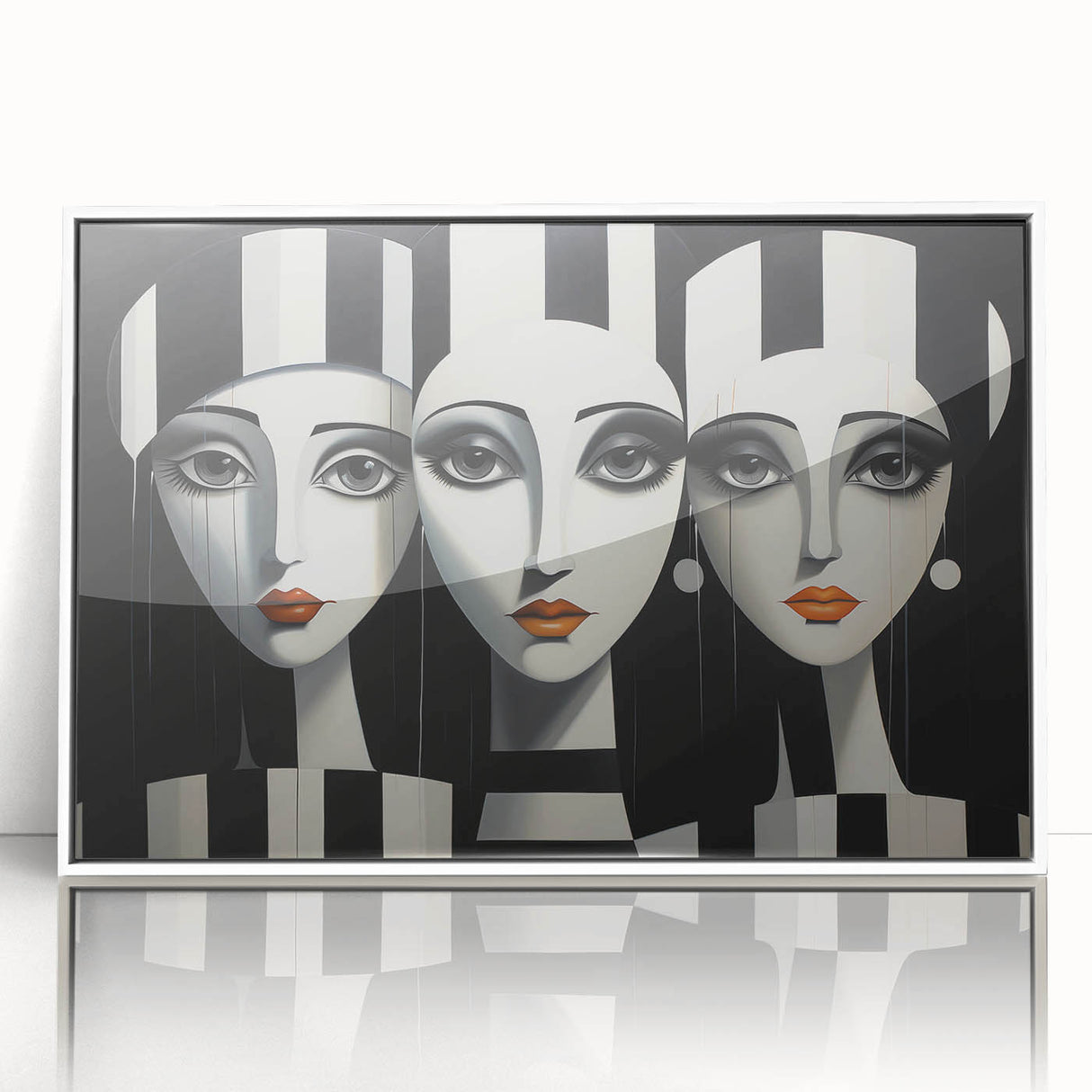 Framed abstract figurative wall art featuring vibrant colors and dynamic shapes, set against a crisp white background, ideal for modern decor.