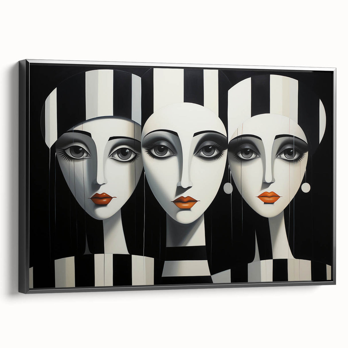 Framed abstract figurative wall art featuring a bold design with vibrant colors and a black frame, displayed from the side to showcase depth.