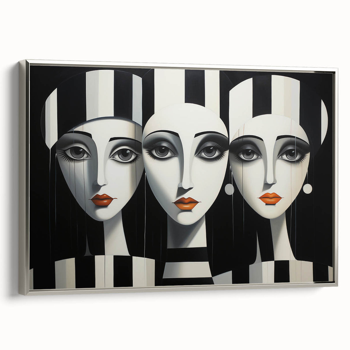 Framed abstract figurative wall art in silver, showcasing dynamic shapes and vibrant colors, perfect for modern home decor.