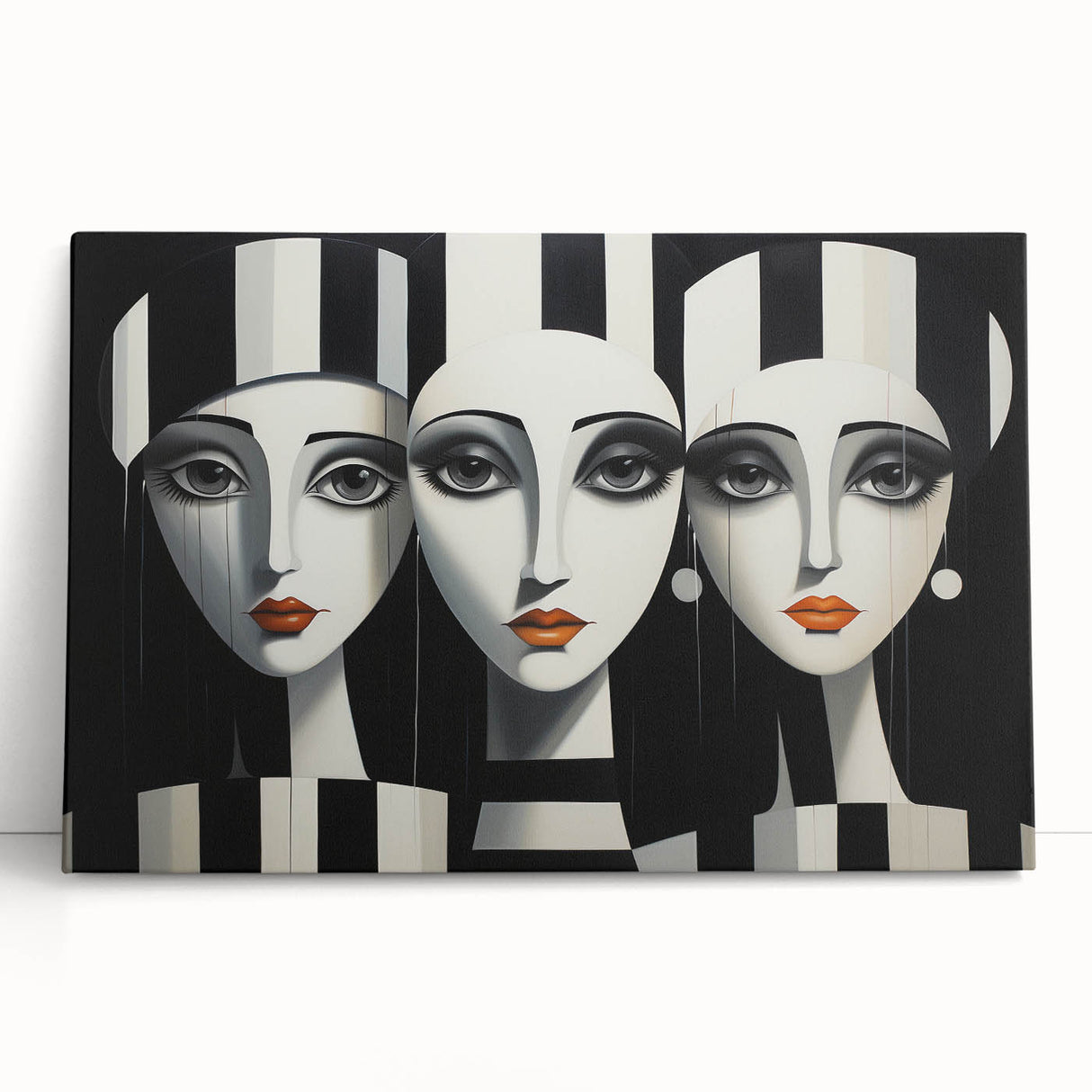 Abstract figurative wall art design on stretched canvas, showcasing vibrant colors and dynamic shapes, perfect for modern home decor.
