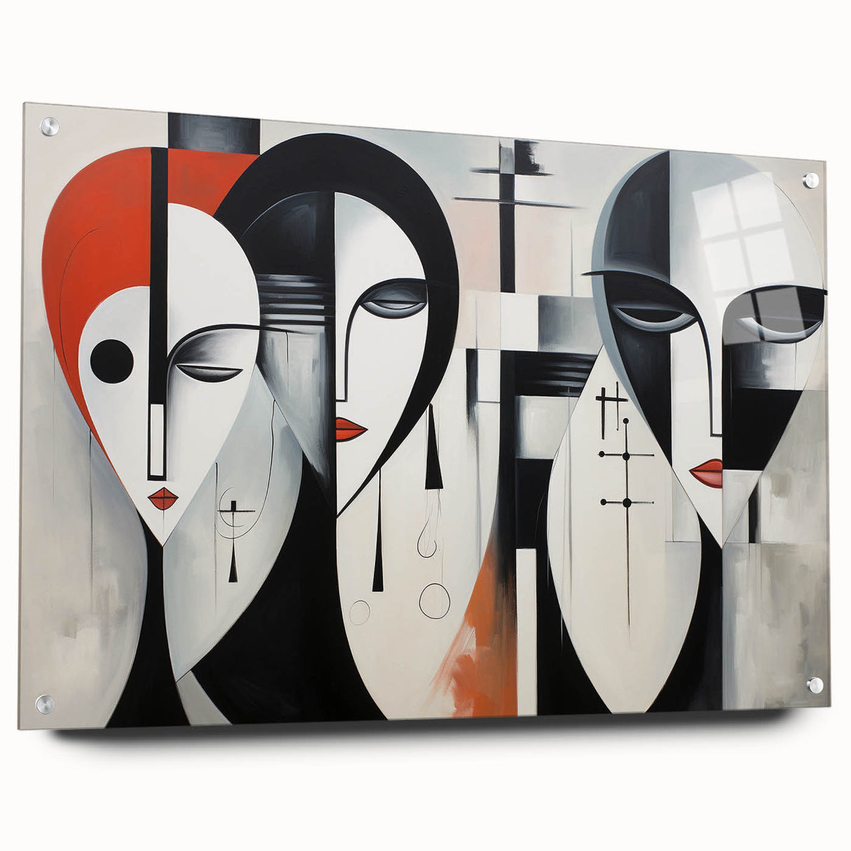 Side view of an abstract figurative wall art piece displayed behind acrylic glass, showcasing vibrant colors and modern design elements, ideal for contemporary decor.