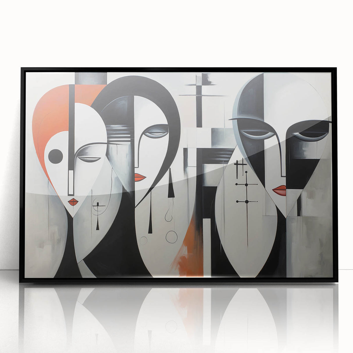 Framed abstract figurative wall art design in black acrylic, showcasing modern shapes and lines, perfect for contemporary home decor.