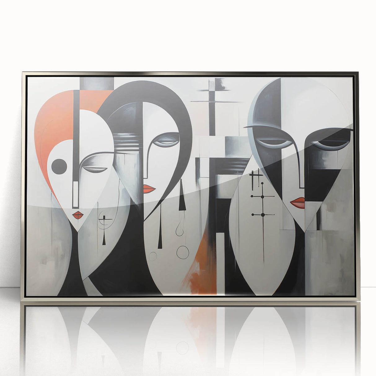 Framed abstract figurative wall art design featuring vibrant colors and dynamic shapes, set in a sleek silver frame for modern decor.