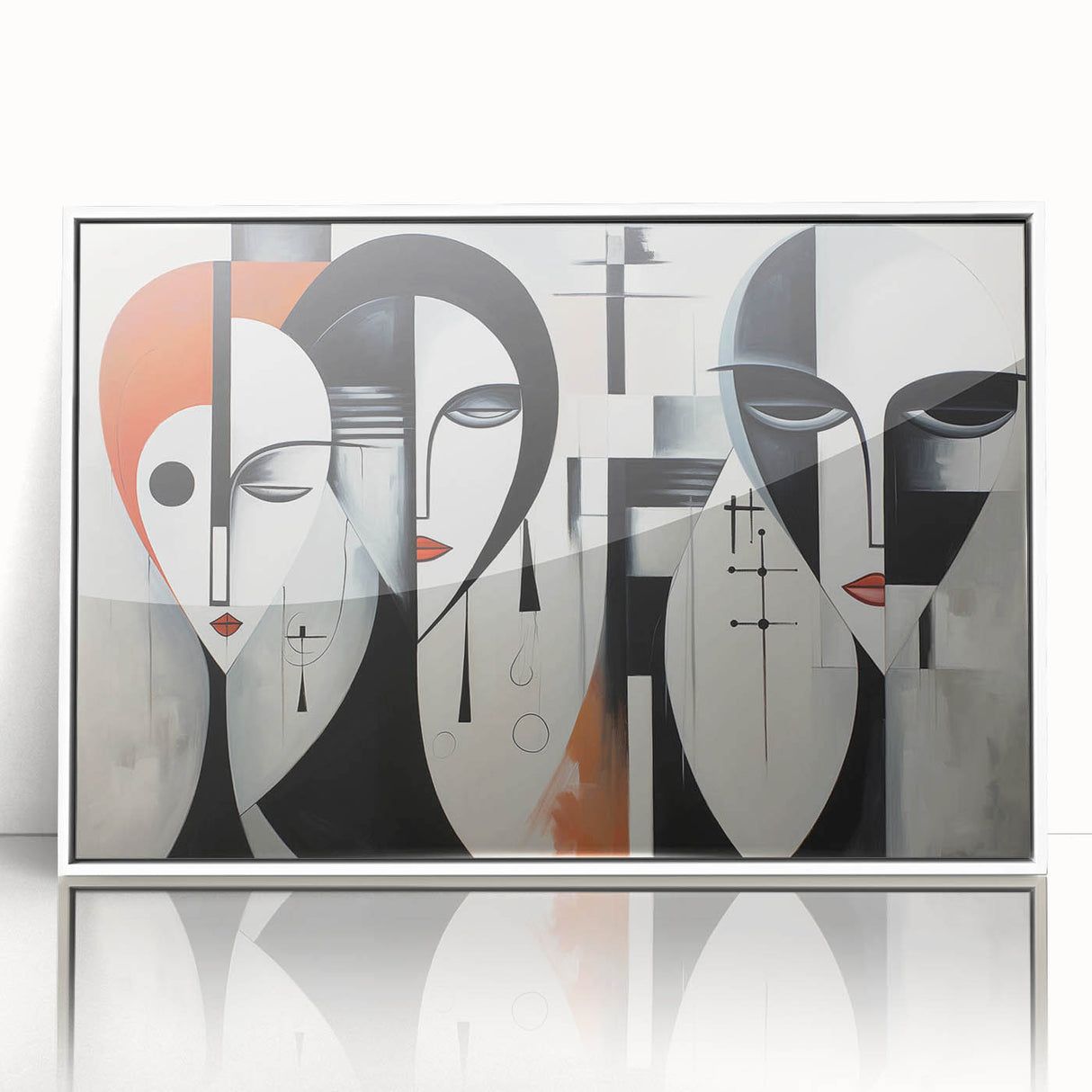 Framed abstract figurative wall art design showcasing vibrant colors and dynamic shapes, set in a sleek white frame for modern decor.