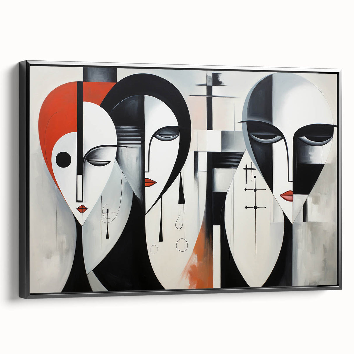 Framed abstract figurative wall art with a sleek black frame, showcasing vibrant colors and dynamic shapes, perfect for modern decor.