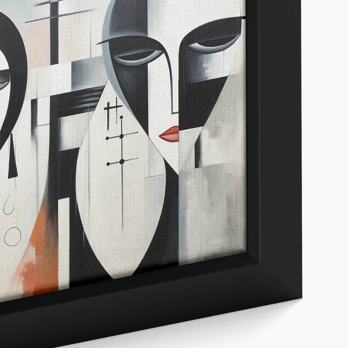 Close-up view of framed abstract figurative wall art, showcasing vibrant colors and intricate designs, perfect for modern decor.