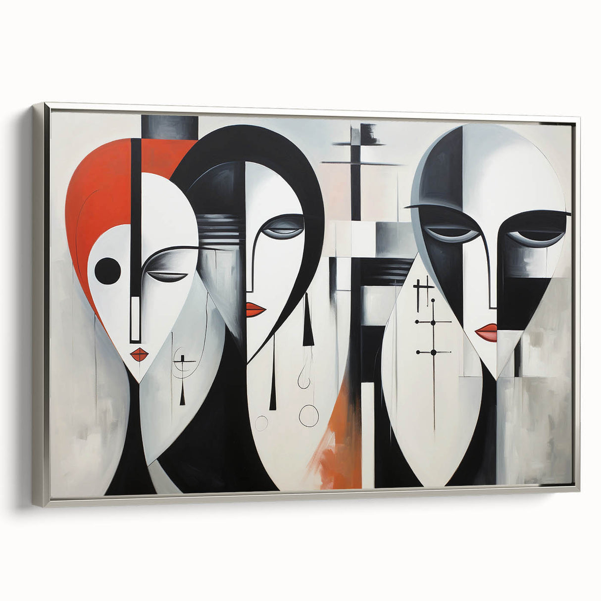 Framed abstract figurative wall art design in silver, showcasing vibrant colors and dynamic shapes, perfect for modern home decor.
