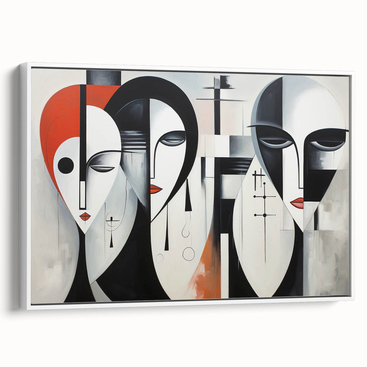 Framed abstract figurative wall art design showcasing a modern aesthetic with vibrant colors, set against a white background for contemporary decor.