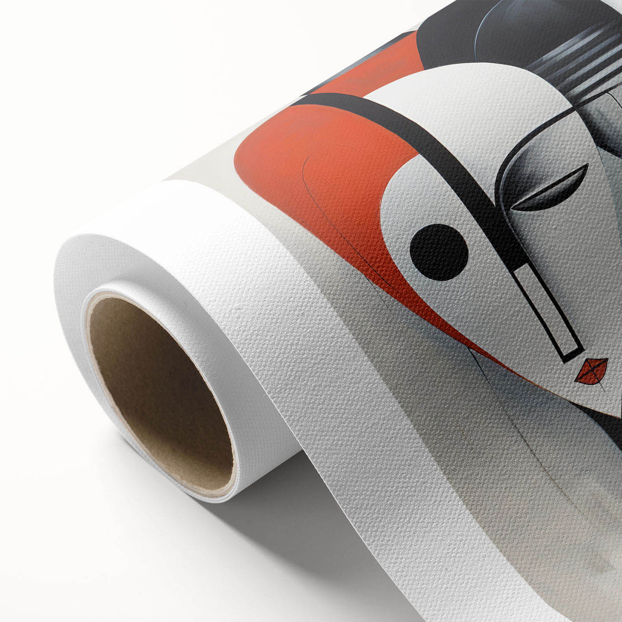 Abstract figurative design on rolled canvas showcasing vibrant colors and dynamic shapes, perfect for modern home decor or art display.