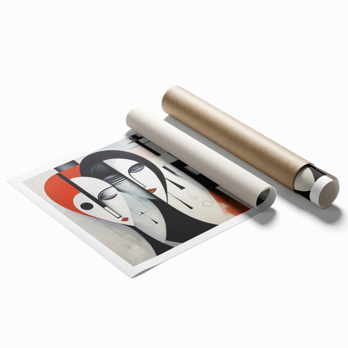 Colorful abstract figurative wall art print showcasing dynamic shapes and vibrant hues, rolled for easy framing and display.