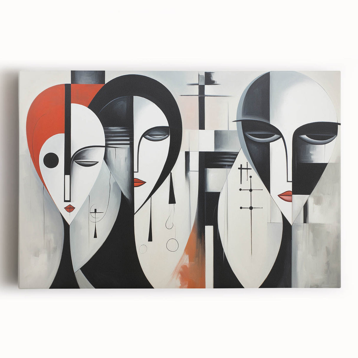 Abstract figurative wall art design on stretched canvas, showcasing vibrant colors and dynamic shapes, perfect for modern home decor.