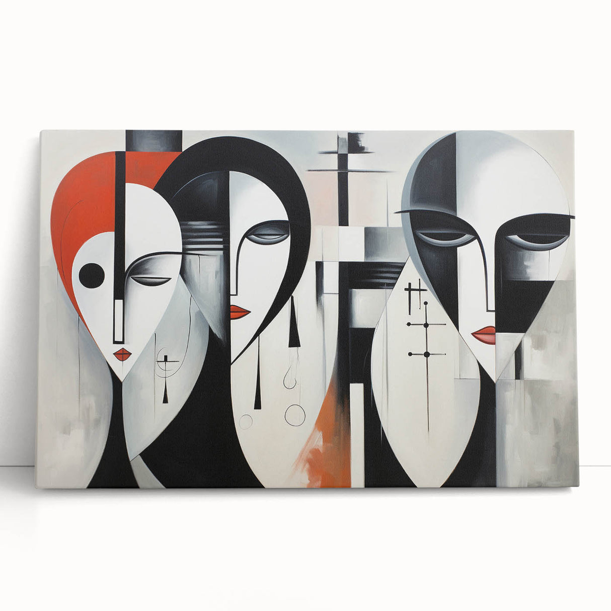 Abstract figurative wall art design on stretched canvas, showcasing vibrant colors and dynamic shapes, perfect for modern decor accents.