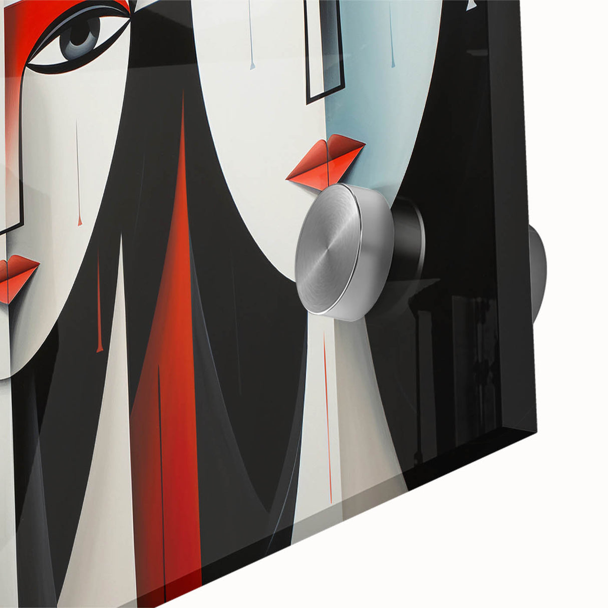 Close-up of an abstract figurative wall art piece, showcasing vibrant colors and fluid shapes on acrylic glass, perfect for modern decor.