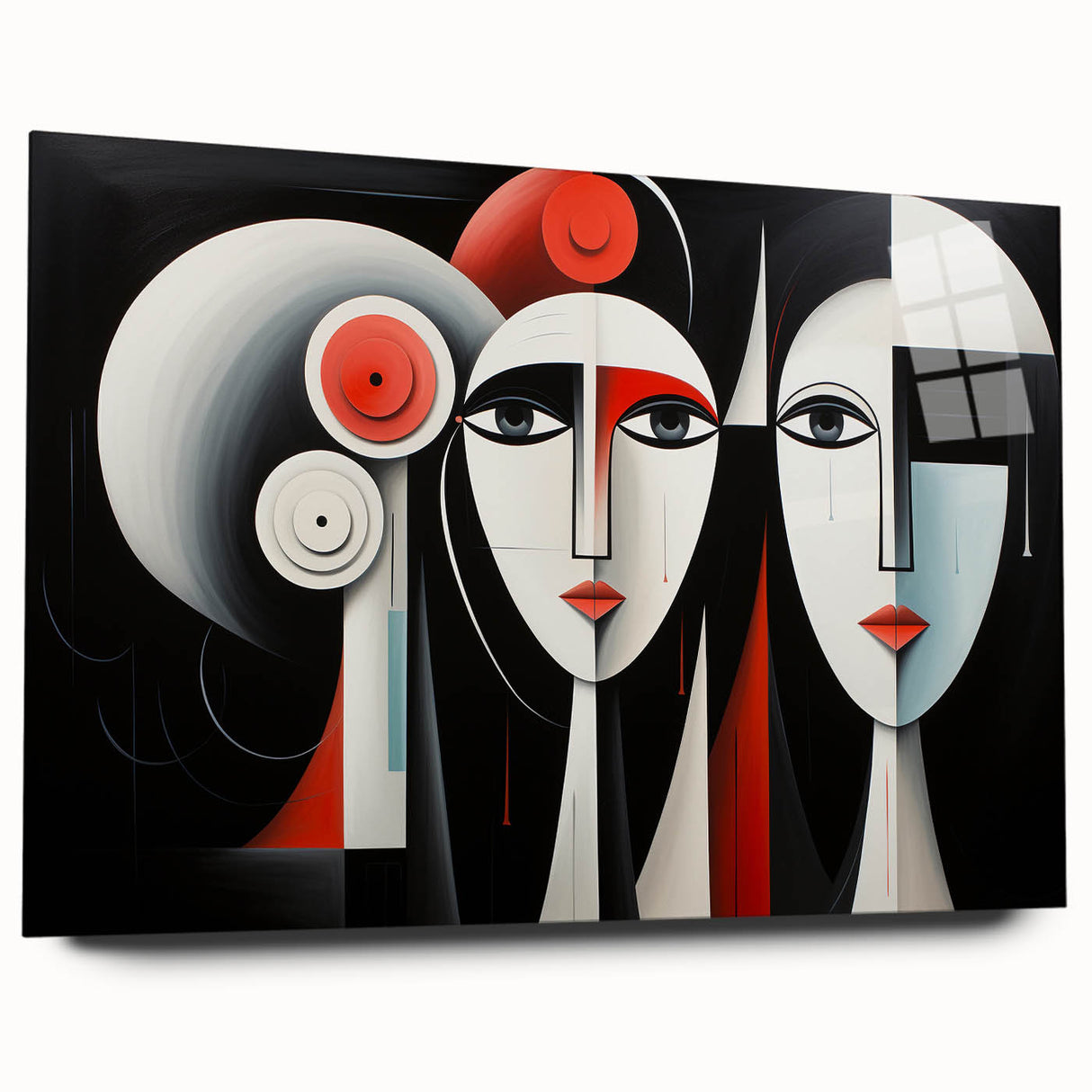 Abstract figurative wall art design displayed in acrylic glass, showcasing vibrant colors and fluid shapes, perfect for modern interior decor.