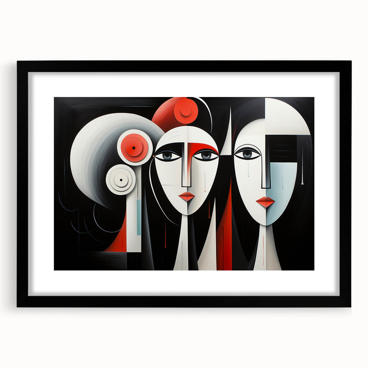 Abstract figurative wall art design in a black frame with mat, showcasing vibrant colors and dynamic shapes, perfect for modern decor.