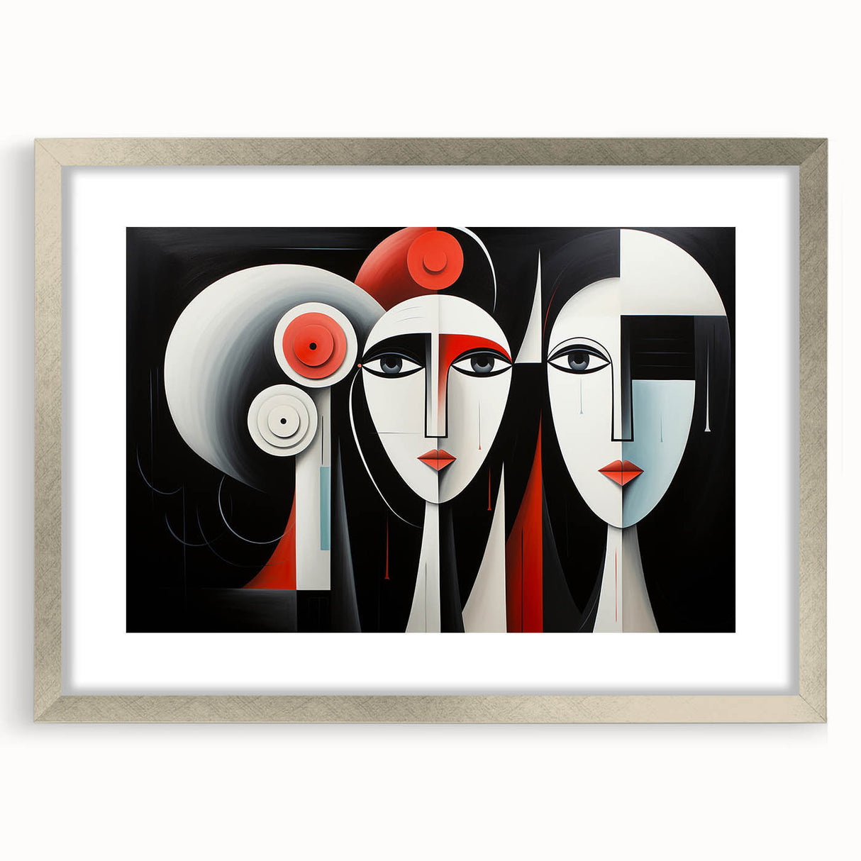 Framed abstract figurative wall art design in silver, showcasing a modern aesthetic with vibrant colors, perfect for contemporary decor.