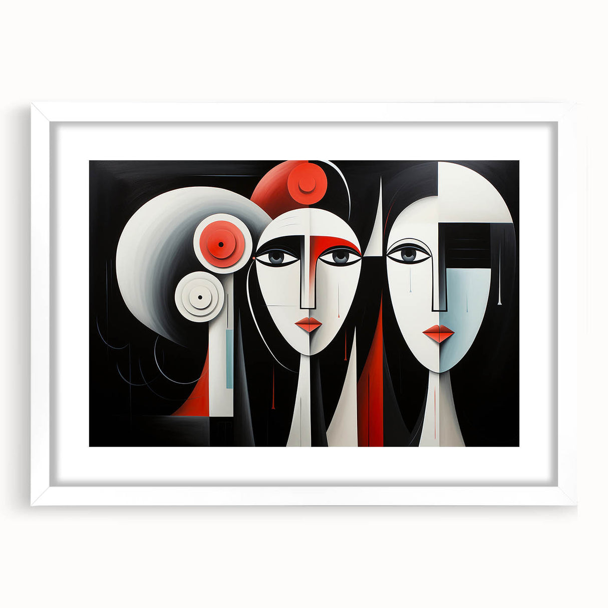 Framed abstract figurative wall art design showcasing vibrant colors and dynamic shapes, set in a sleek white mat and frame for modern decor.