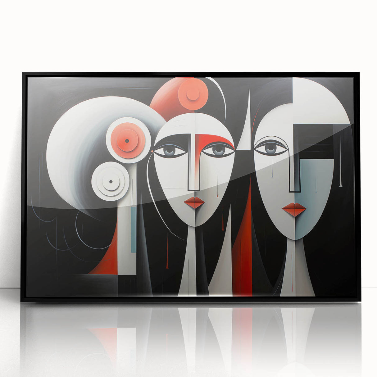 Framed abstract figurative wall art in black acrylic, showcasing modern design elements and geometric shapes, perfect for contemporary decor.