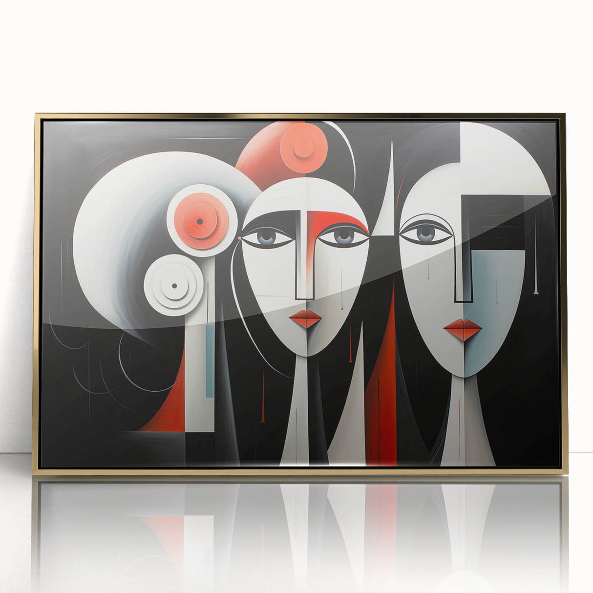 Framed abstract figurative wall art featuring bold gold accents and a minimalist design, perfect for modern home decor and gallery walls.
