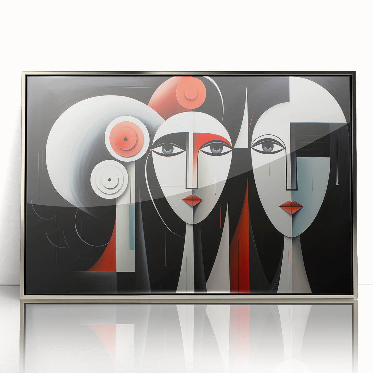 Framed abstract figurative wall art design showcasing a silver acrylic finish, ideal for modern home decor, with a sleek front view display.