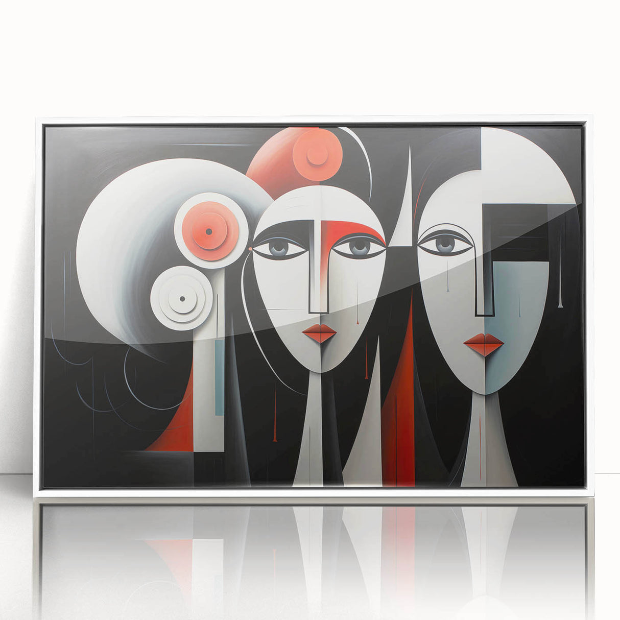 Framed abstract figurative wall art design showcasing vibrant colors and fluid shapes, presented in a sleek white frame, enhancing modern decor.