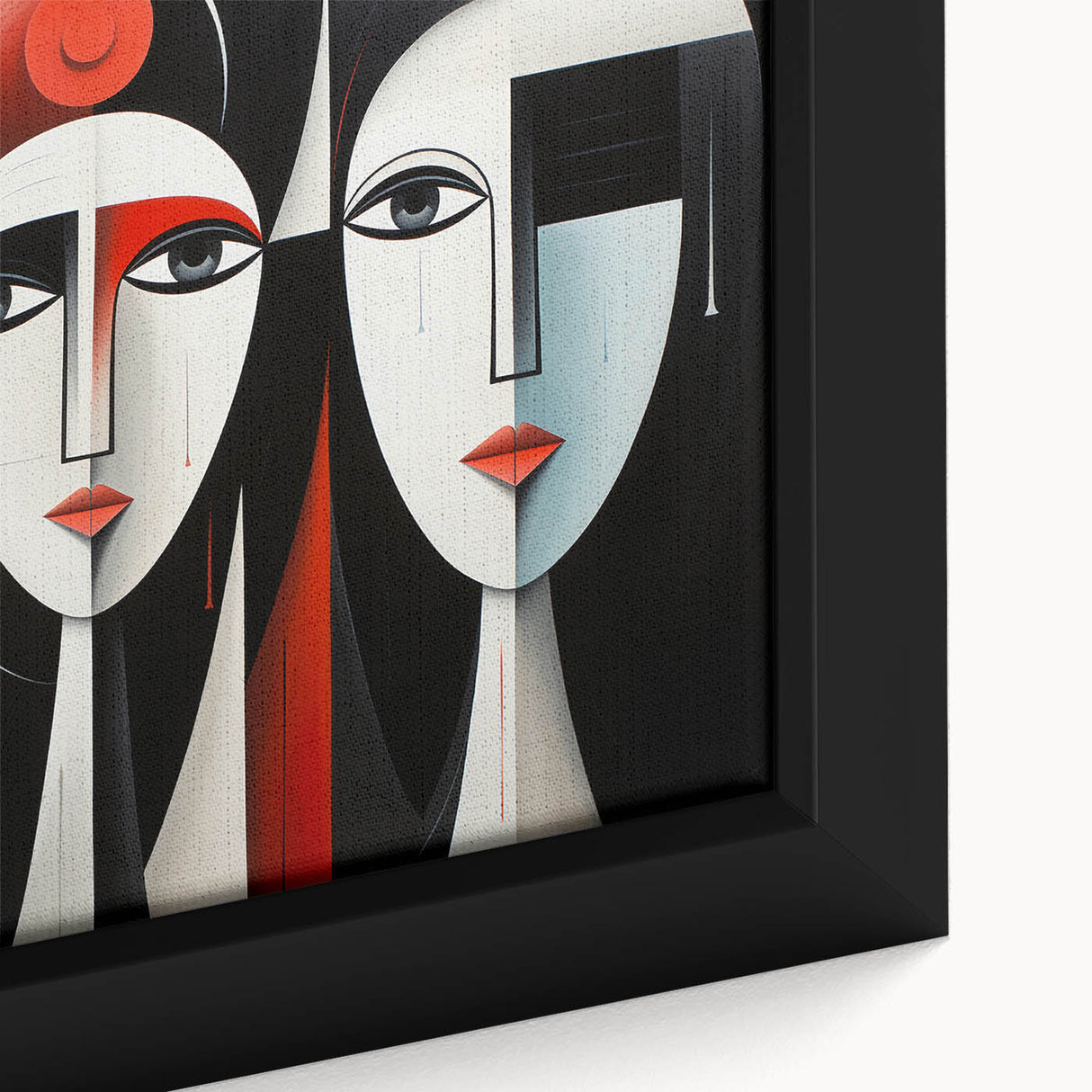 Close-up of abstract figurative wall art featuring vibrant colors and dynamic shapes, framed for a modern aesthetic in any space.