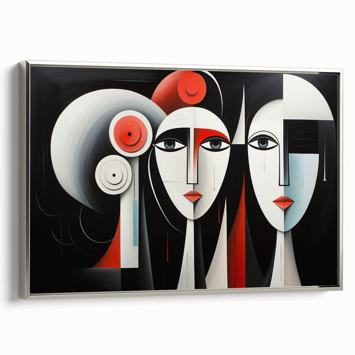 Framed abstract figurative wall art design showcasing a silver-tone canvas with dynamic shapes, perfect for modern home decor.