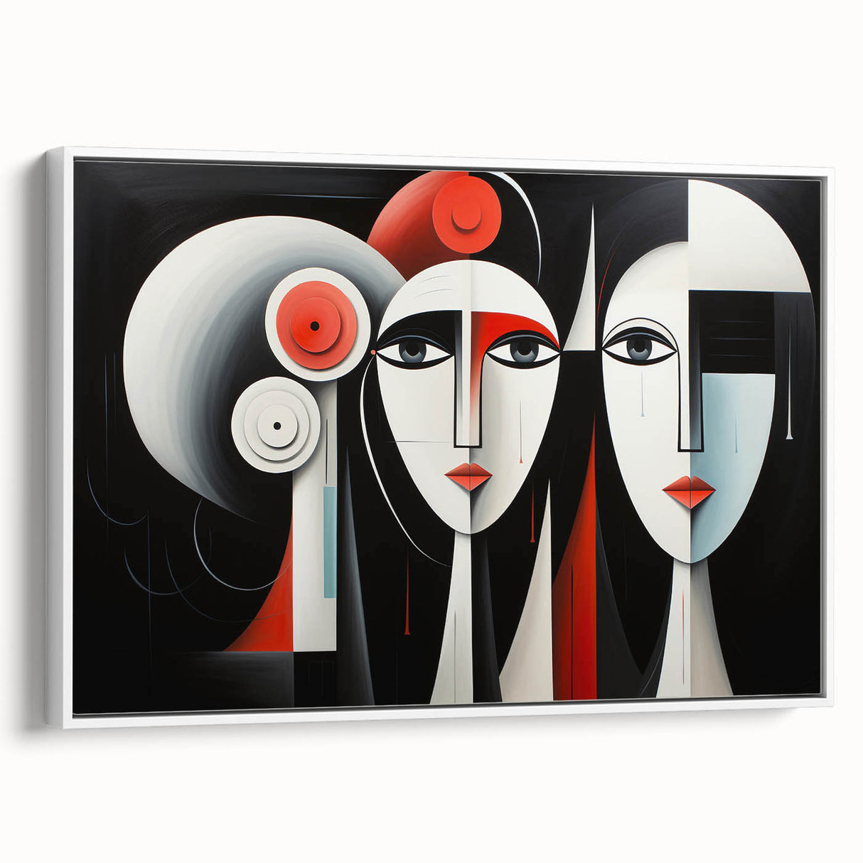 Framed abstract figurative wall art featuring a contemporary design with vibrant colors on a textured canvas, set against a white background.