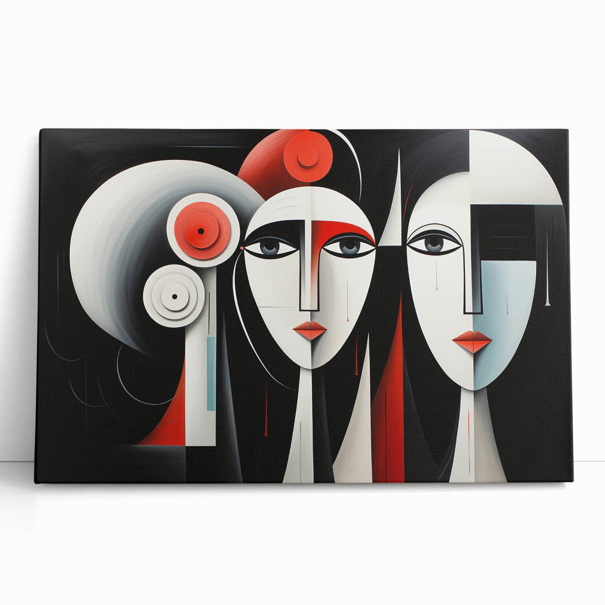 Abstract figurative wall art design on stretched canvas, showcasing vibrant colors and fluid shapes, perfect for modern decor aesthetics.