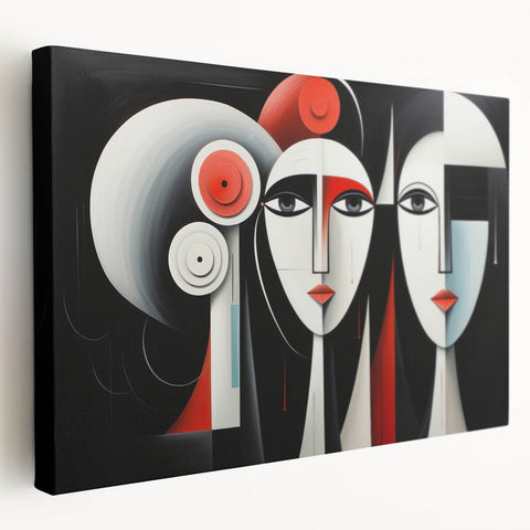 Abstract figurative wall art design on stretched canvas, showcasing vibrant colors and dynamic shapes, perfect for modern home decor.