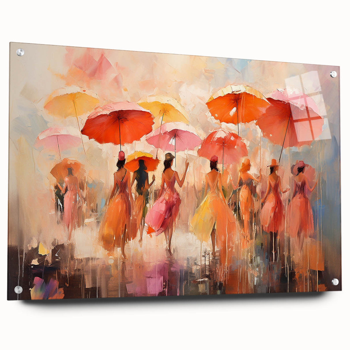 Abstract figurative wall art design displayed on acrylic glass, showcasing vibrant colors and modern shapes, ideal for contemporary decor.