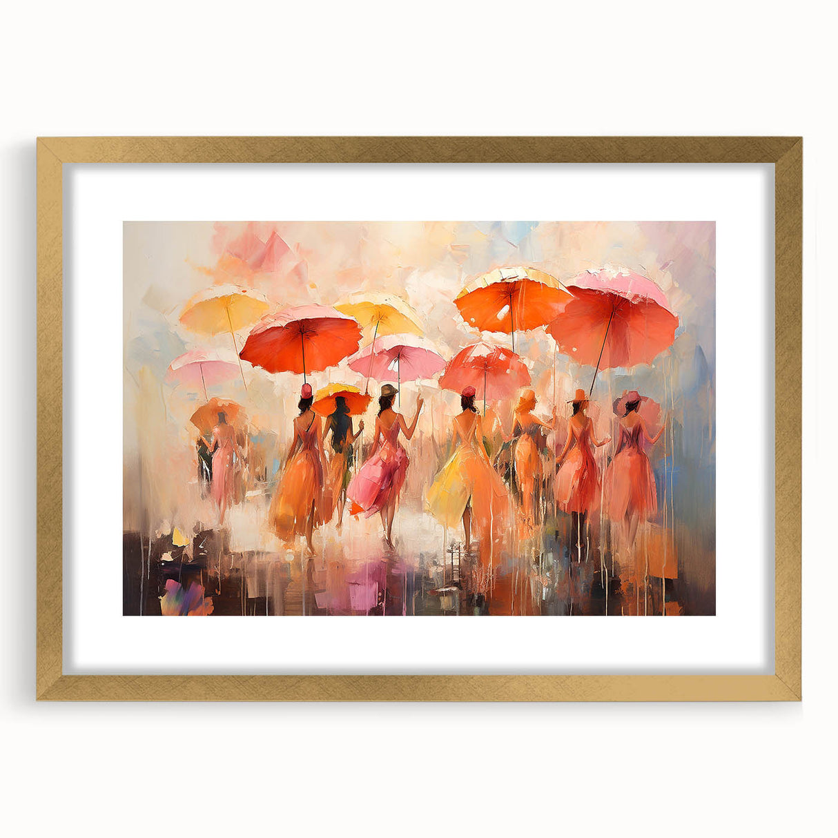 Abstract figurative wall art in a gold frame with matting, showcasing vibrant colors and modern design elements, perfect for home decor.