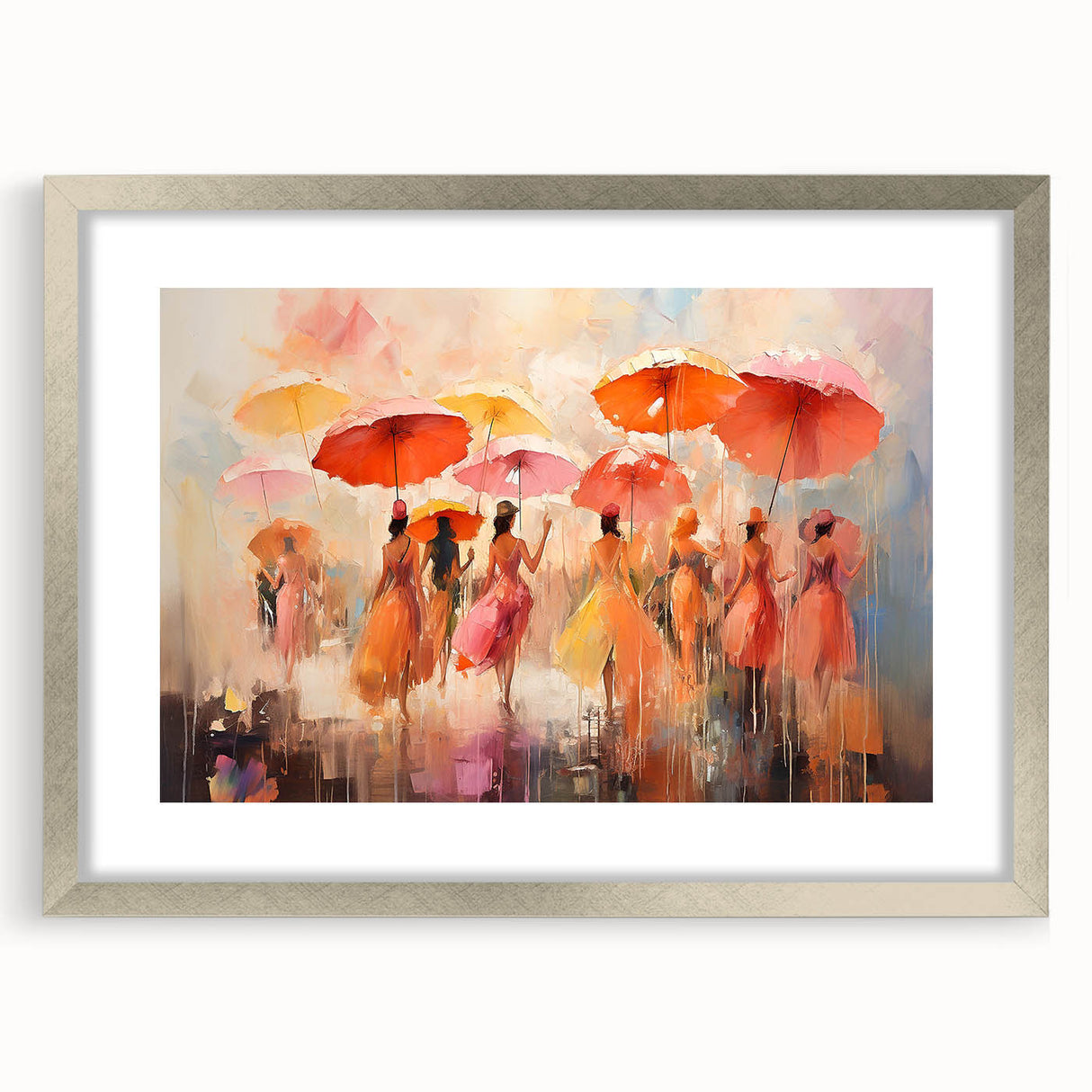 Abstract figurative wall art collection in a sleek silver frame, showcasing vibrant colors and dynamic shapes, perfect for modern decor.