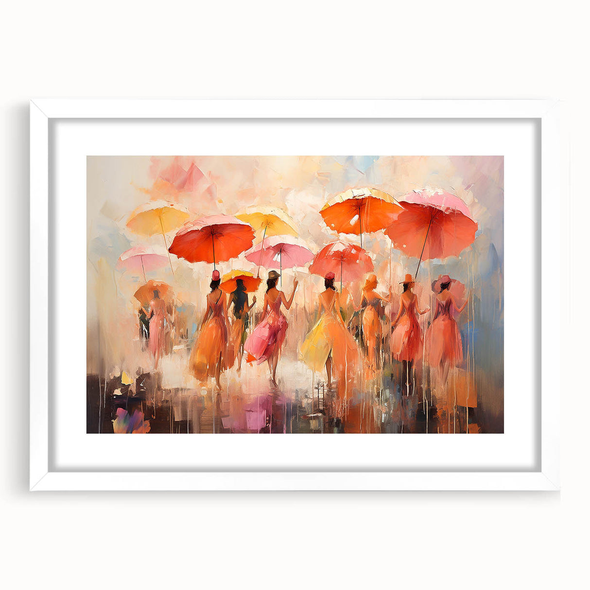 Framed abstract figurative wall art design in a sleek white mat and frame, showcasing vibrant colors and modern artistic elements.