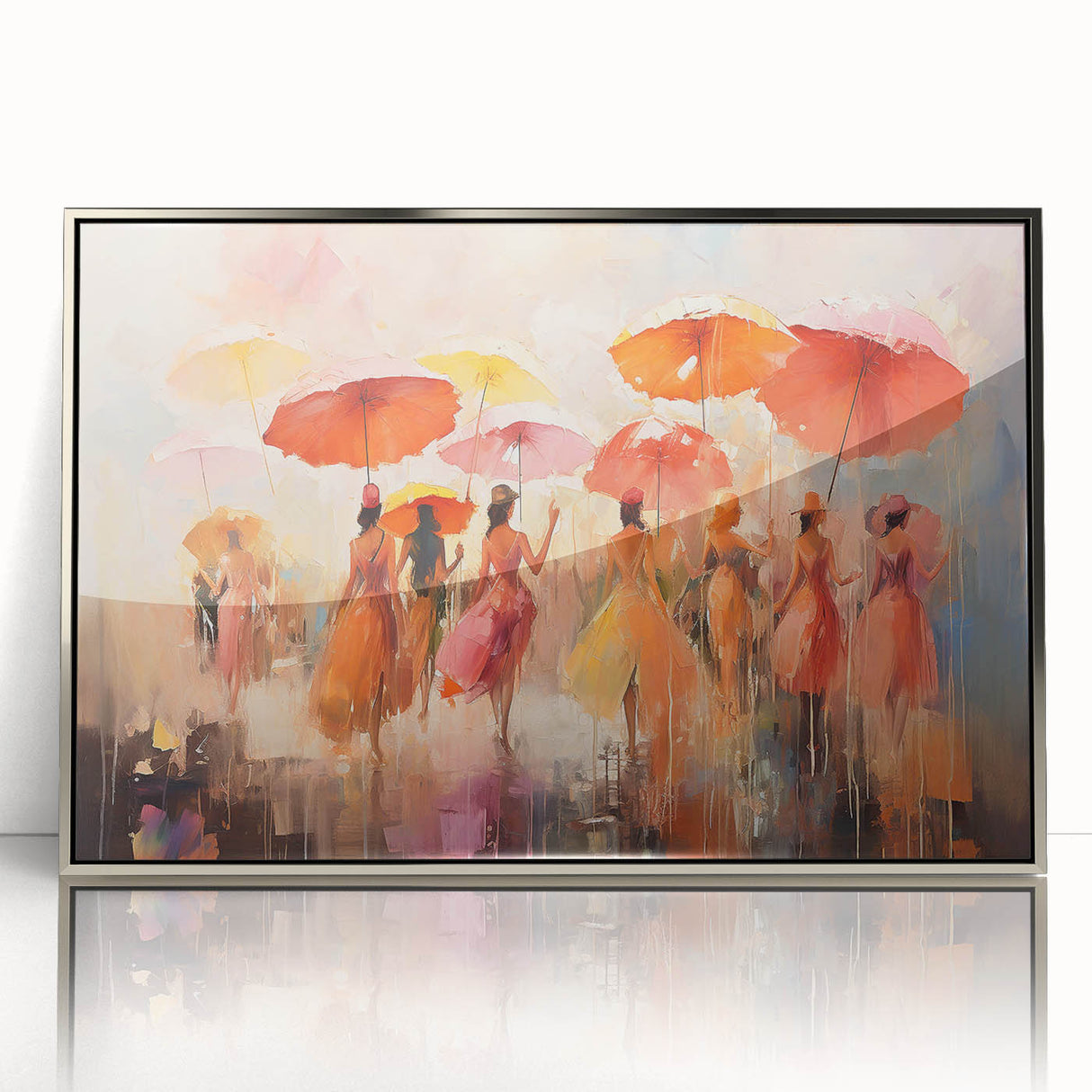 Framed abstract figurative wall art design showcasing a silver acrylic finish, featuring modern shapes and vibrant colors, ideal for contemporary decor.