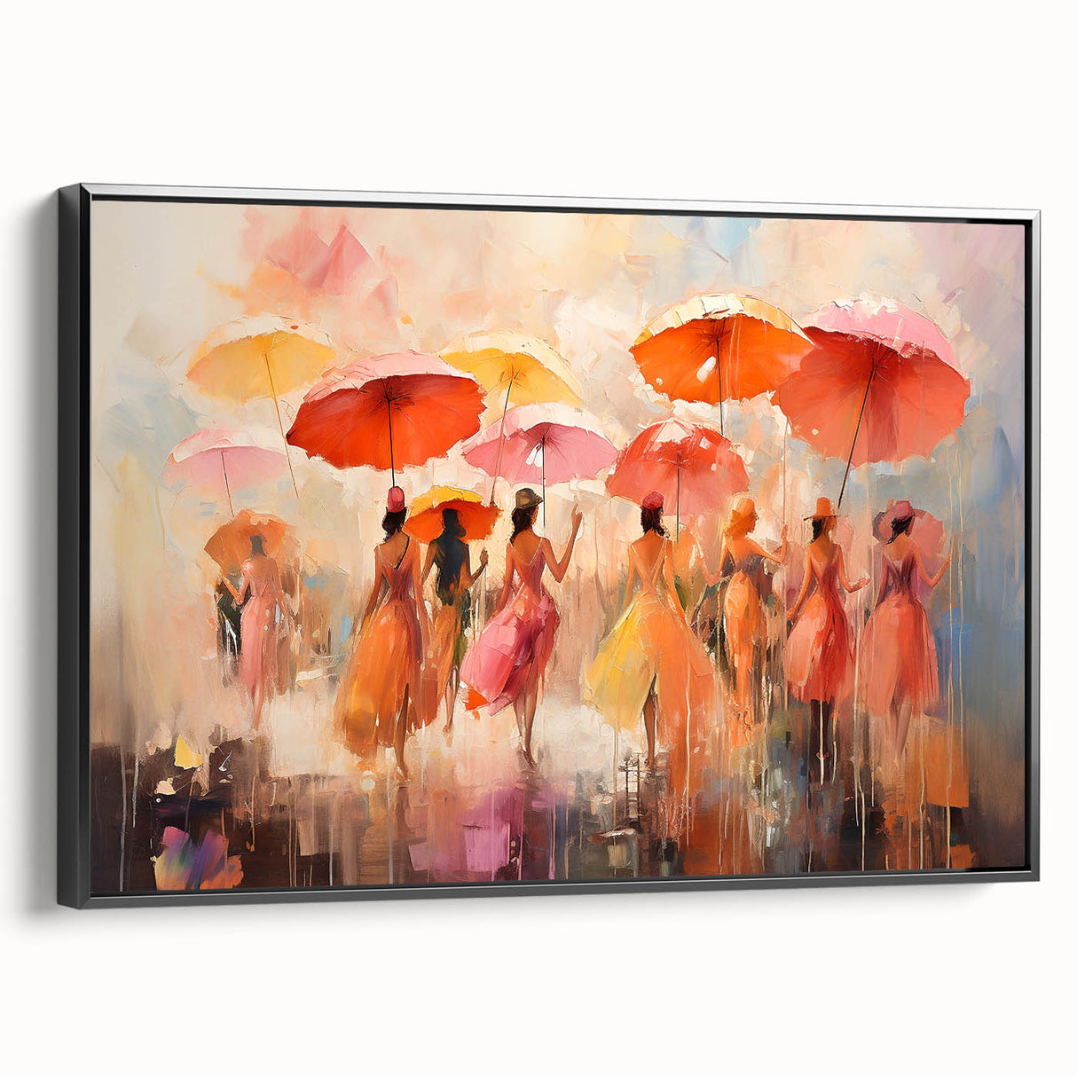 Framed abstract figurative wall art collection showcasing vibrant colors and dynamic shapes in a sleek black frame, side view.