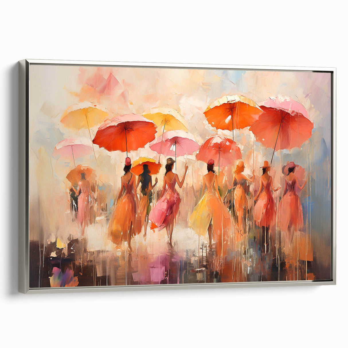 Framed abstract figurative wall art featuring a silver frame, showcasing vibrant patterns and colors, ideal for modern home decor.