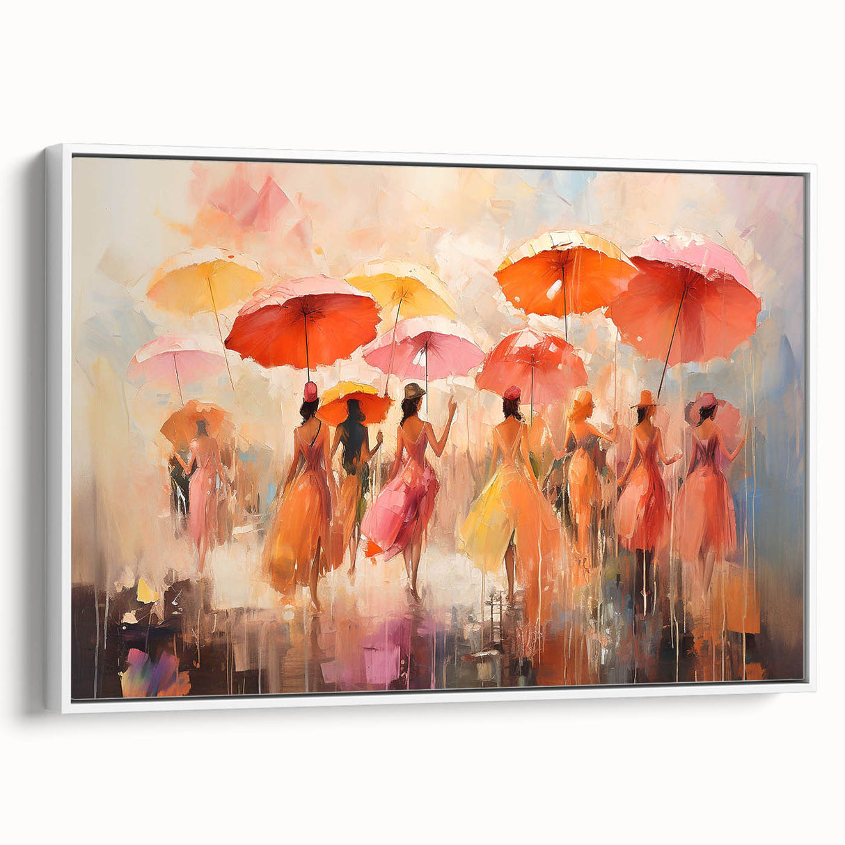 Framed abstract figurative wall art showcasing dynamic shapes in vibrant colors, displayed from a side view against a neutral background.