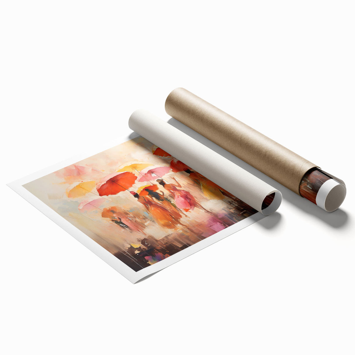 Abstract figurative wall art print showcasing vibrant colors and dynamic shapes, rolled for easy shipping and framing, ideal for modern decor.