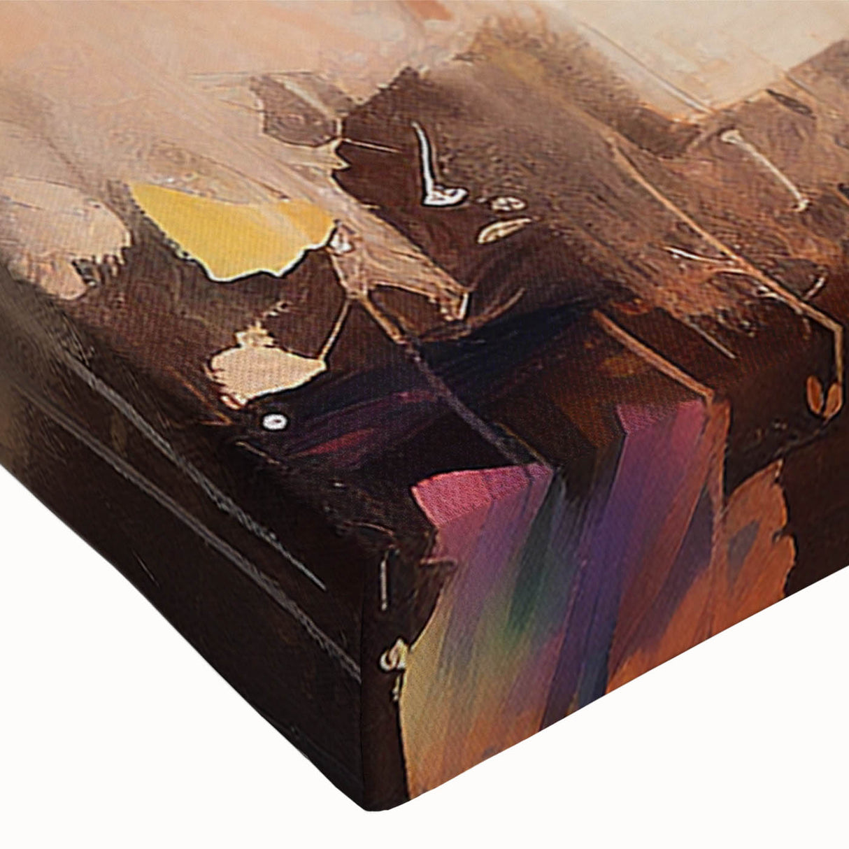 Close-up of an abstract figurative wall art design on stretched canvas, showcasing vibrant colors and intricate patterns ideal for modern decor.