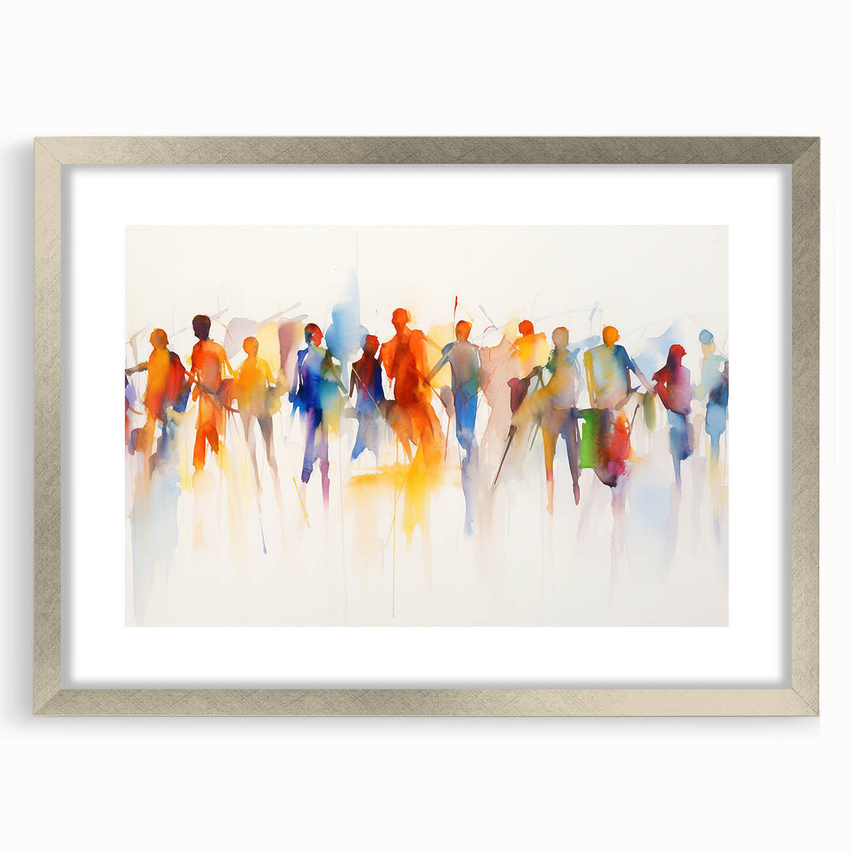 Framed abstract figurative wall art in silver, showcasing vibrant colors and dynamic shapes, perfect for modern home decor.