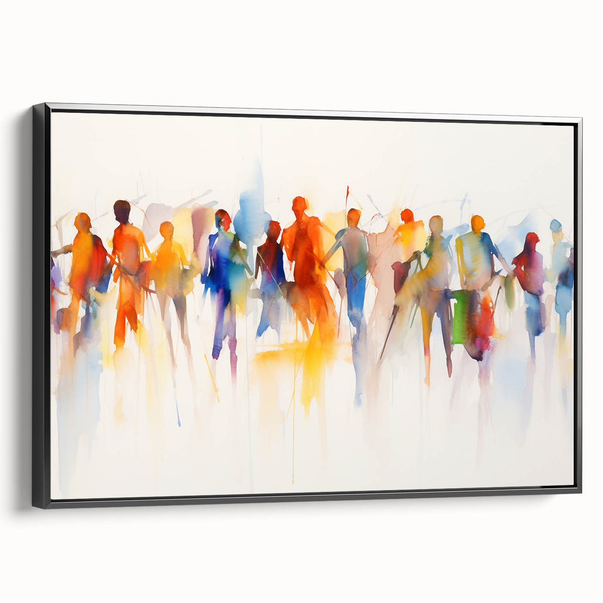Framed abstract figurative wall art in a sleek black frame, showcasing modern design with vibrant colors and dynamic shapes, perfect for contemporary decor.