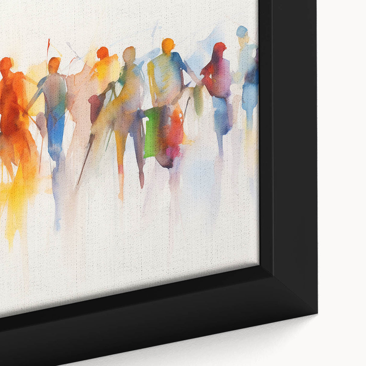 Close-up of a framed abstract figurative wall art piece, showcasing vibrant colors and fluid shapes, perfect for modern home decor.