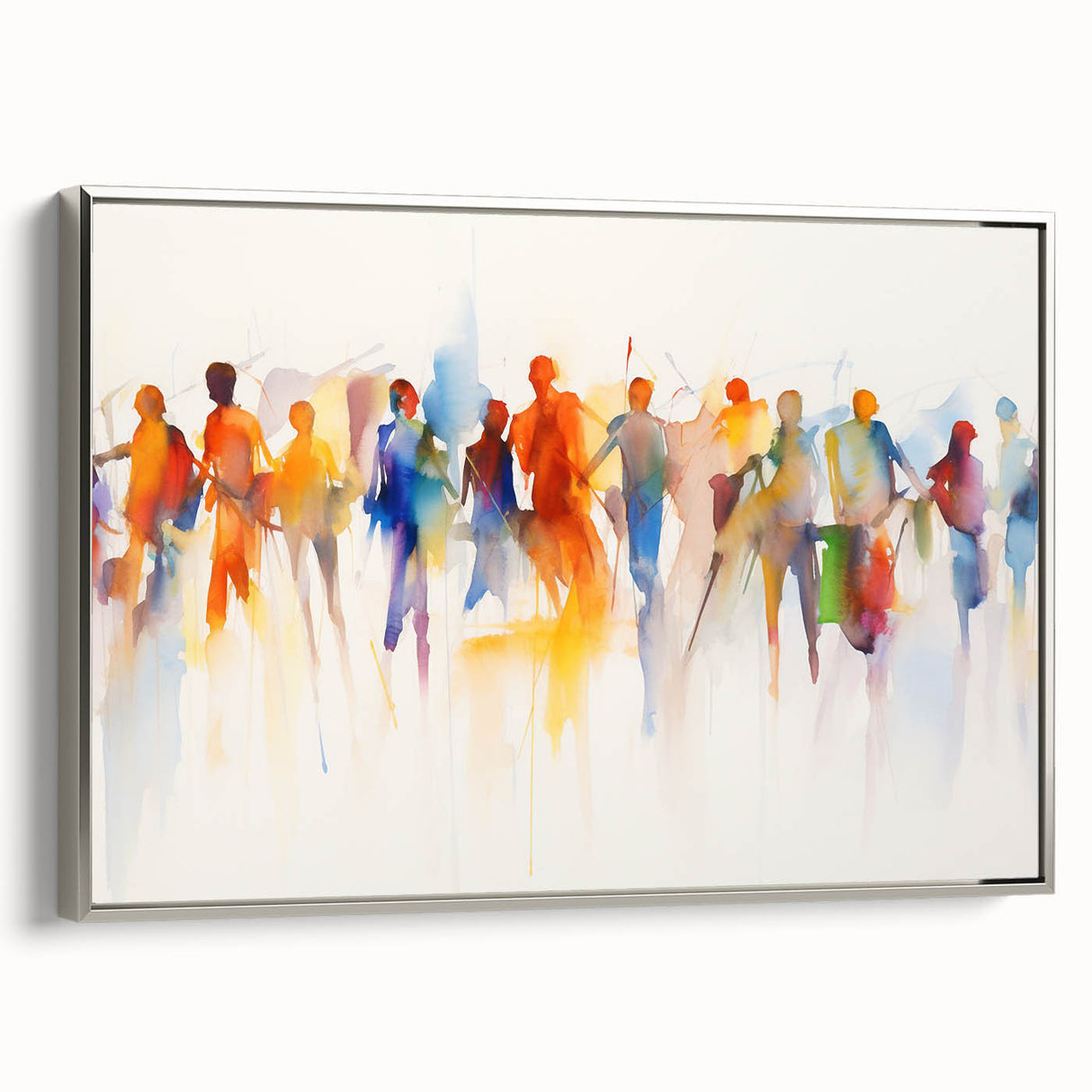 Framed abstract figurative wall art in silver, showcasing vibrant colors and dynamic shapes, adding a modern touch to interior decor.