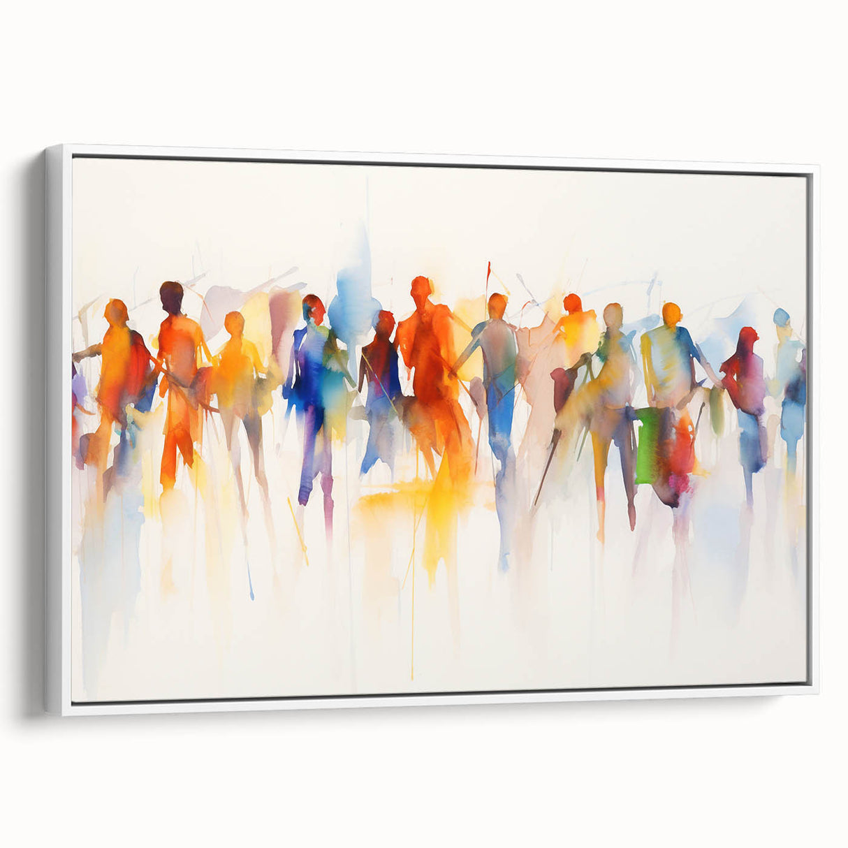 Framed abstract figurative wall art design showcasing vibrant colors and dynamic shapes, presented in a sleek white frame for modern decor.