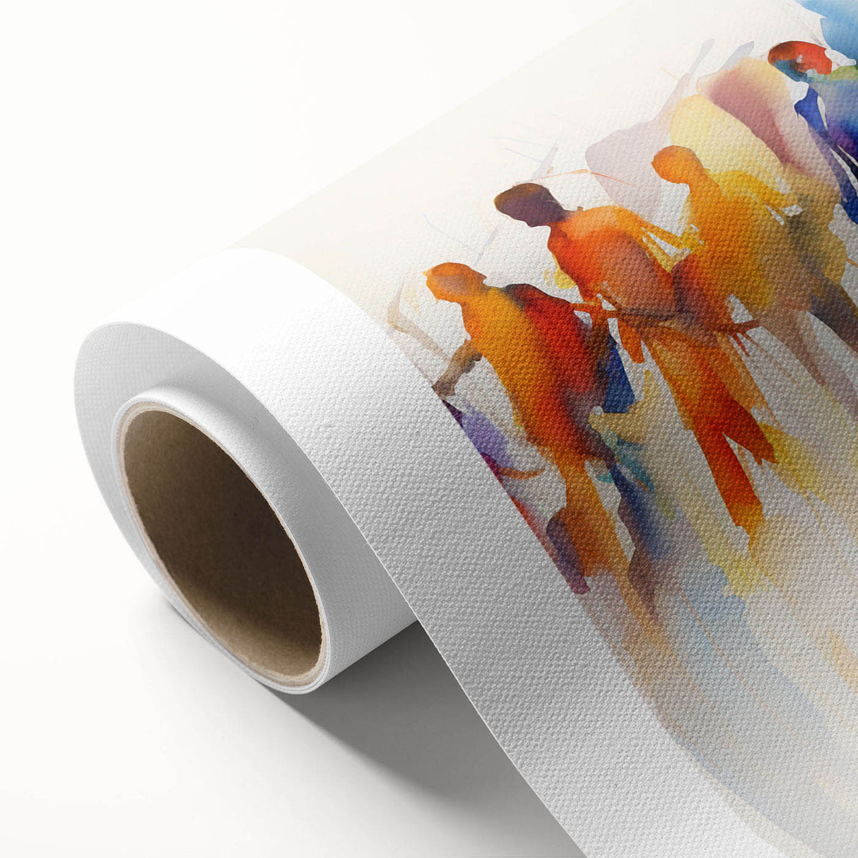 Abstract figurative wall art design on rolled canvas, showcasing vibrant colors and dynamic shapes, ideal for modern interior decor.